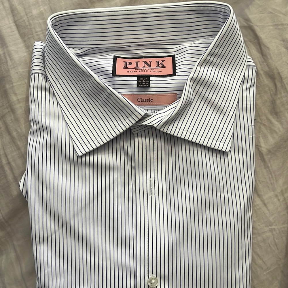 Thomas Pink classic fit shirt size 18-37 46-94cm white with okie pinstripe